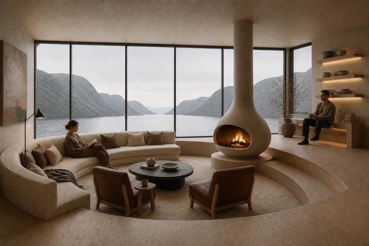 Photorealistic fjord interior with sculptural furniture, crafted decoration, and two people