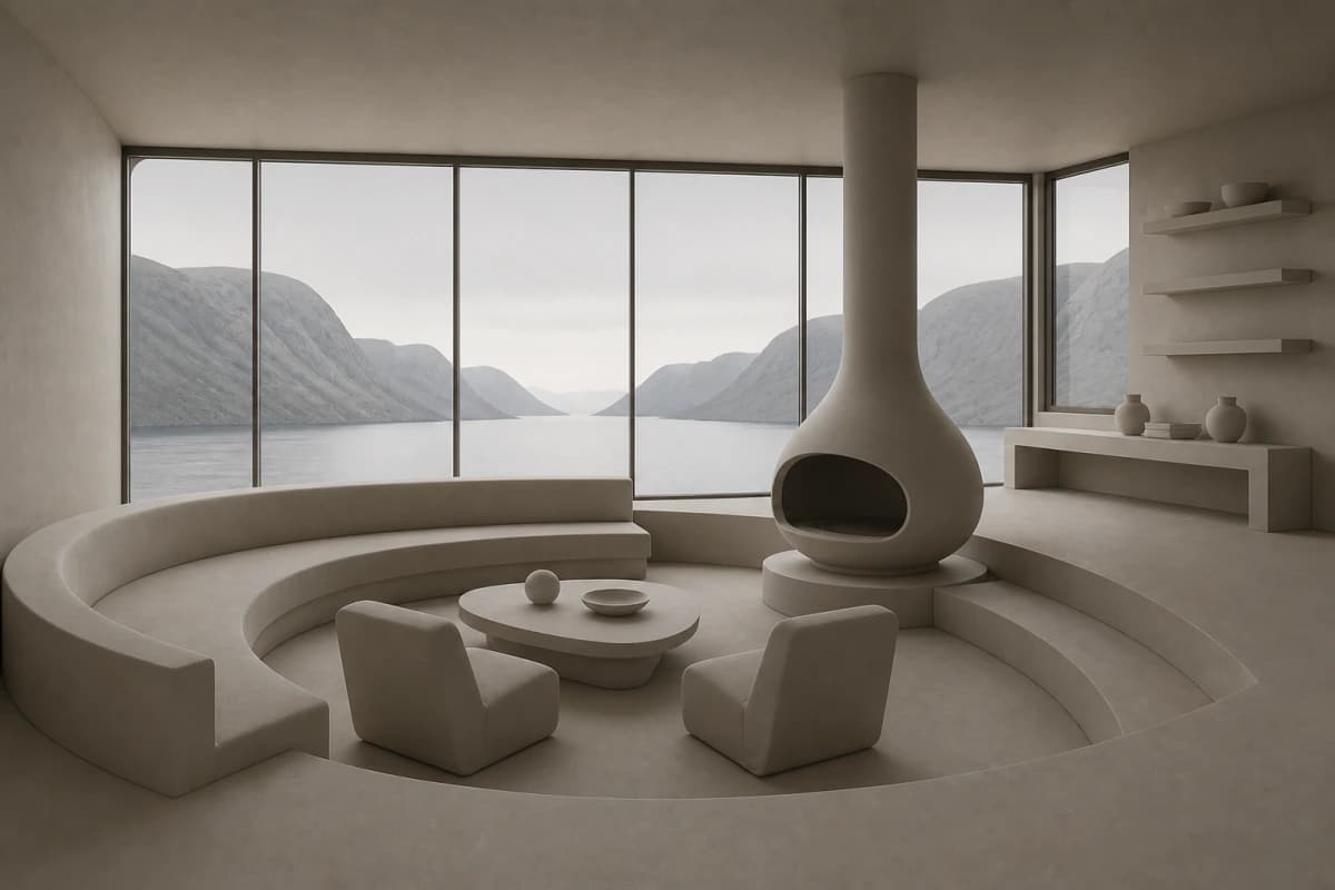 Clay model of a curved fjord conversation room with proxy furniture