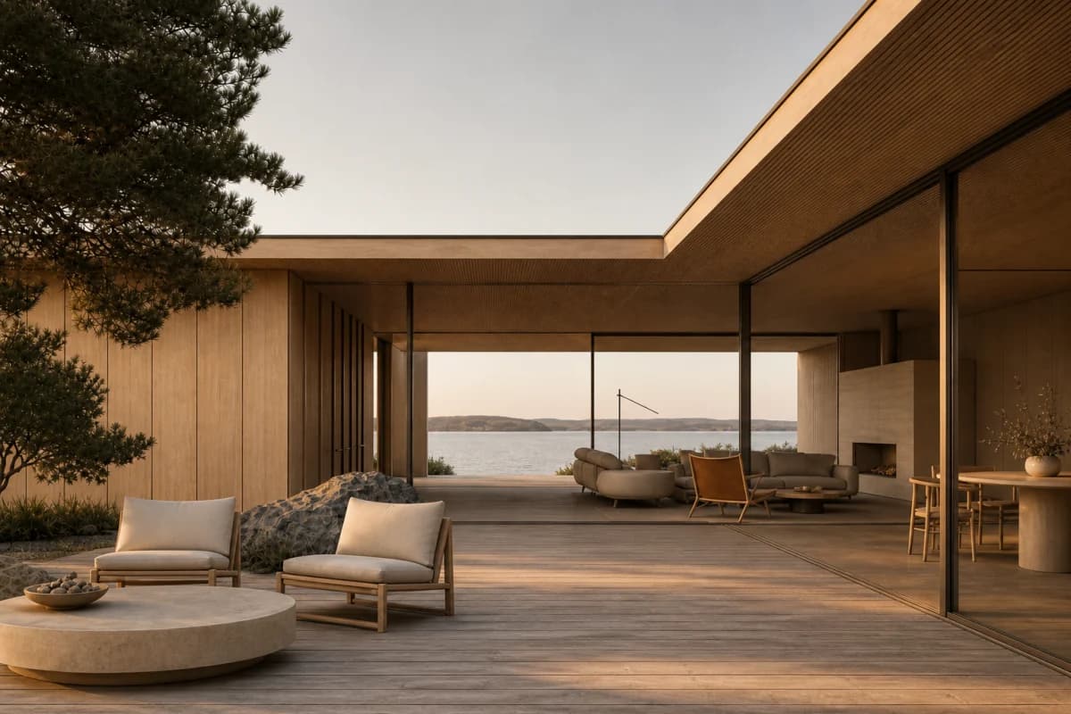 Blender screenshot-to-render result of the same Nordic coastal pavilion