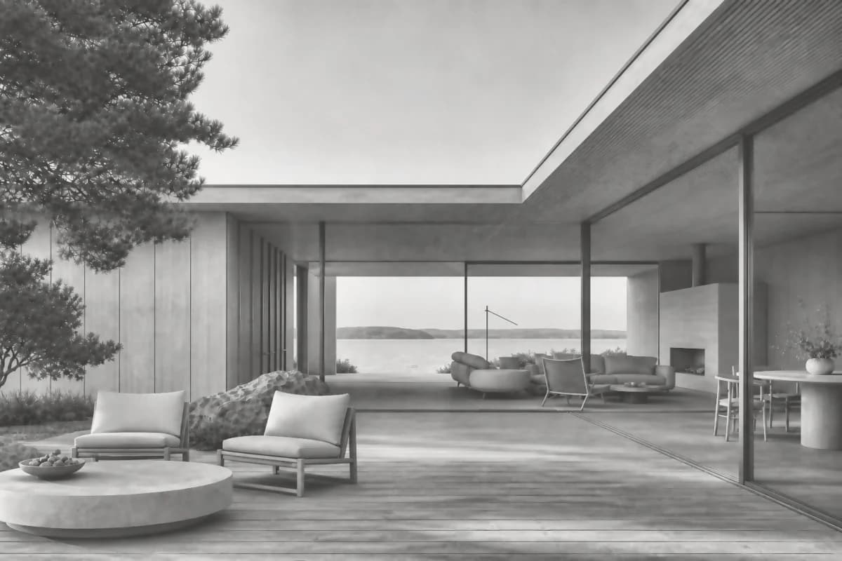 Blender clay viewport screenshot of a Nordic coastal pavilion