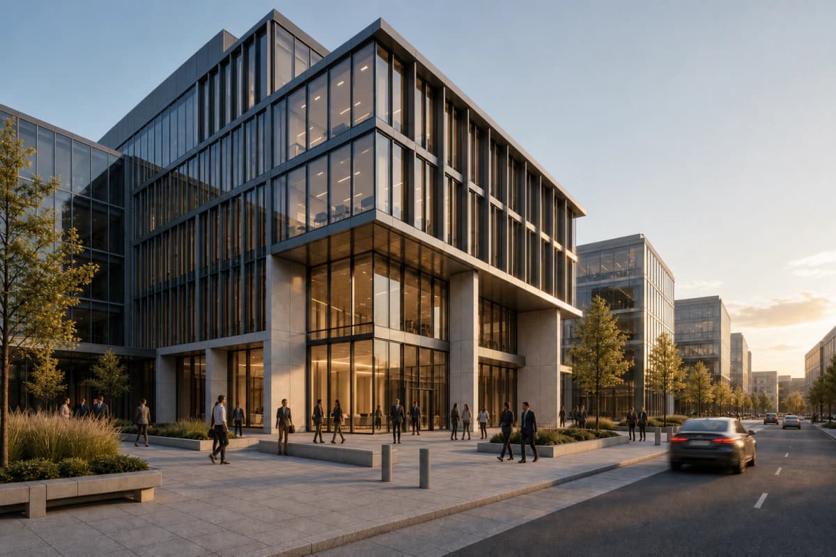 Illustrative city street render with pedestrians, traffic, and local motion blur