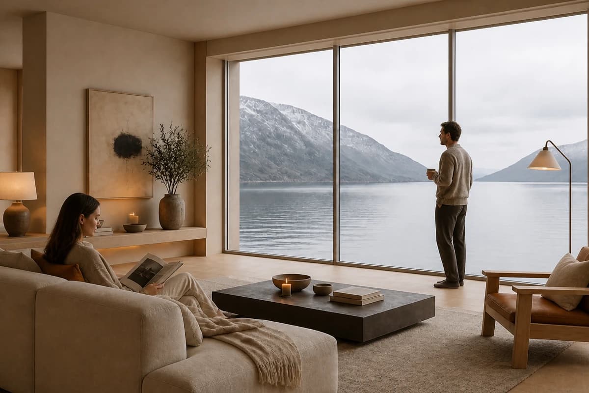 Illustrative fjord-facing living room render with people in quiet activities