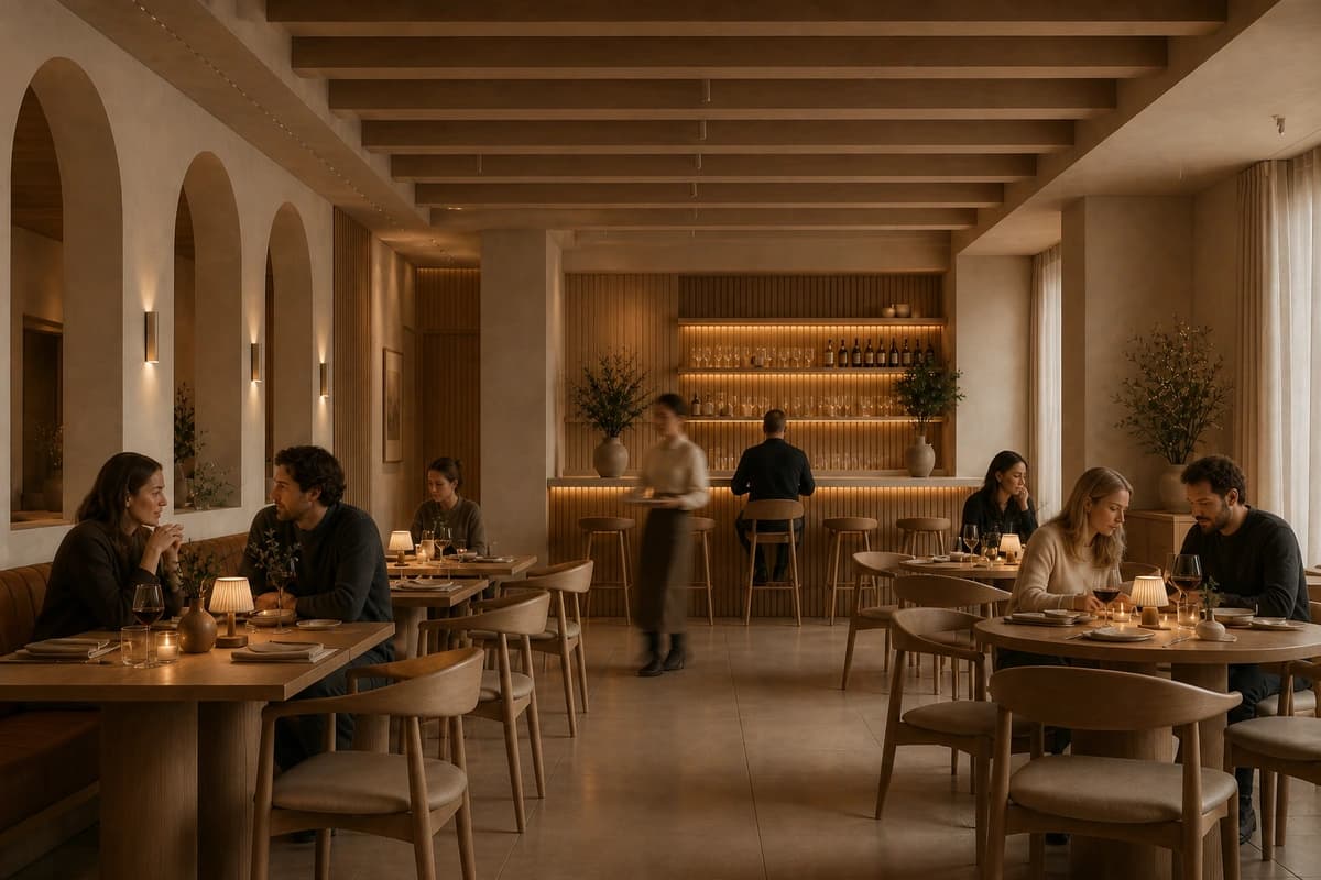 Illustrative contemporary restaurant render with dining and service activity