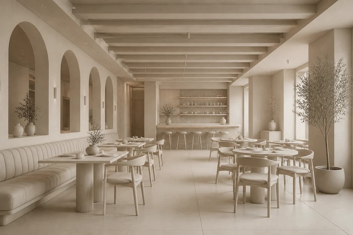 Bare contemporary restaurant before diners and staff are added