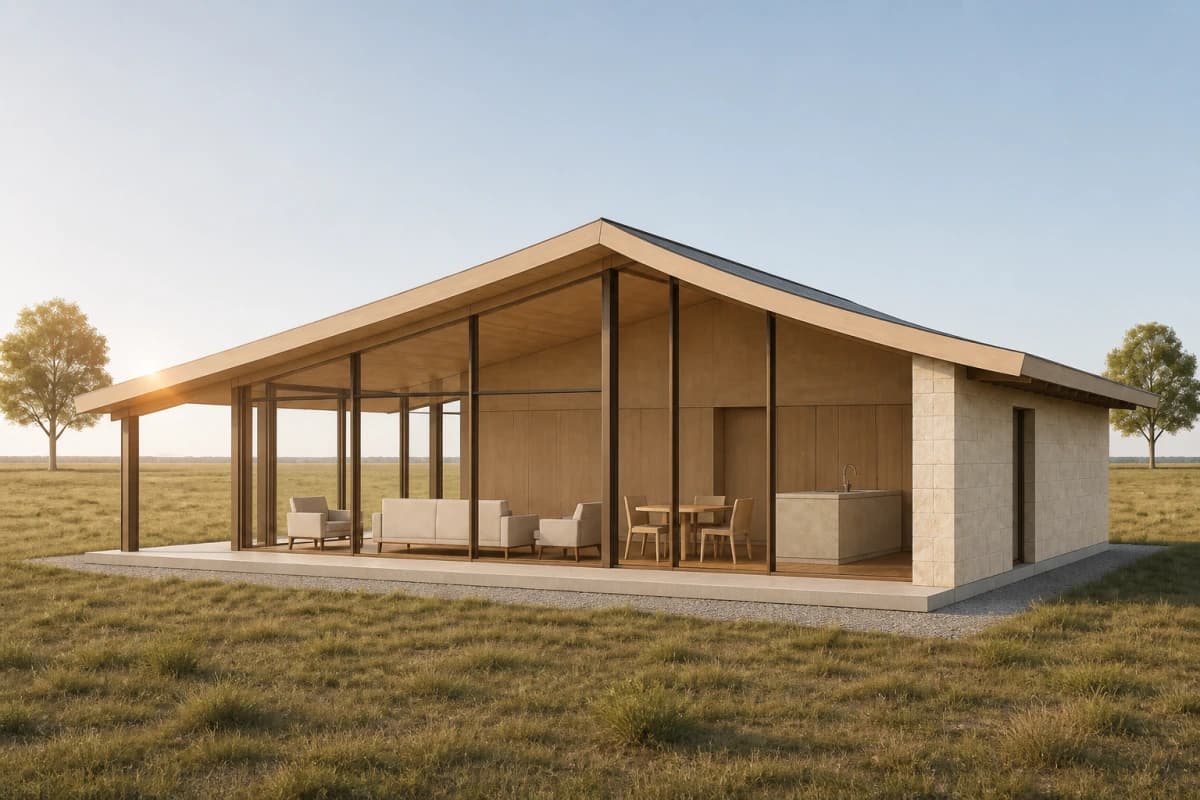 Rendered meadow pavilion with timber, stone, and morning light