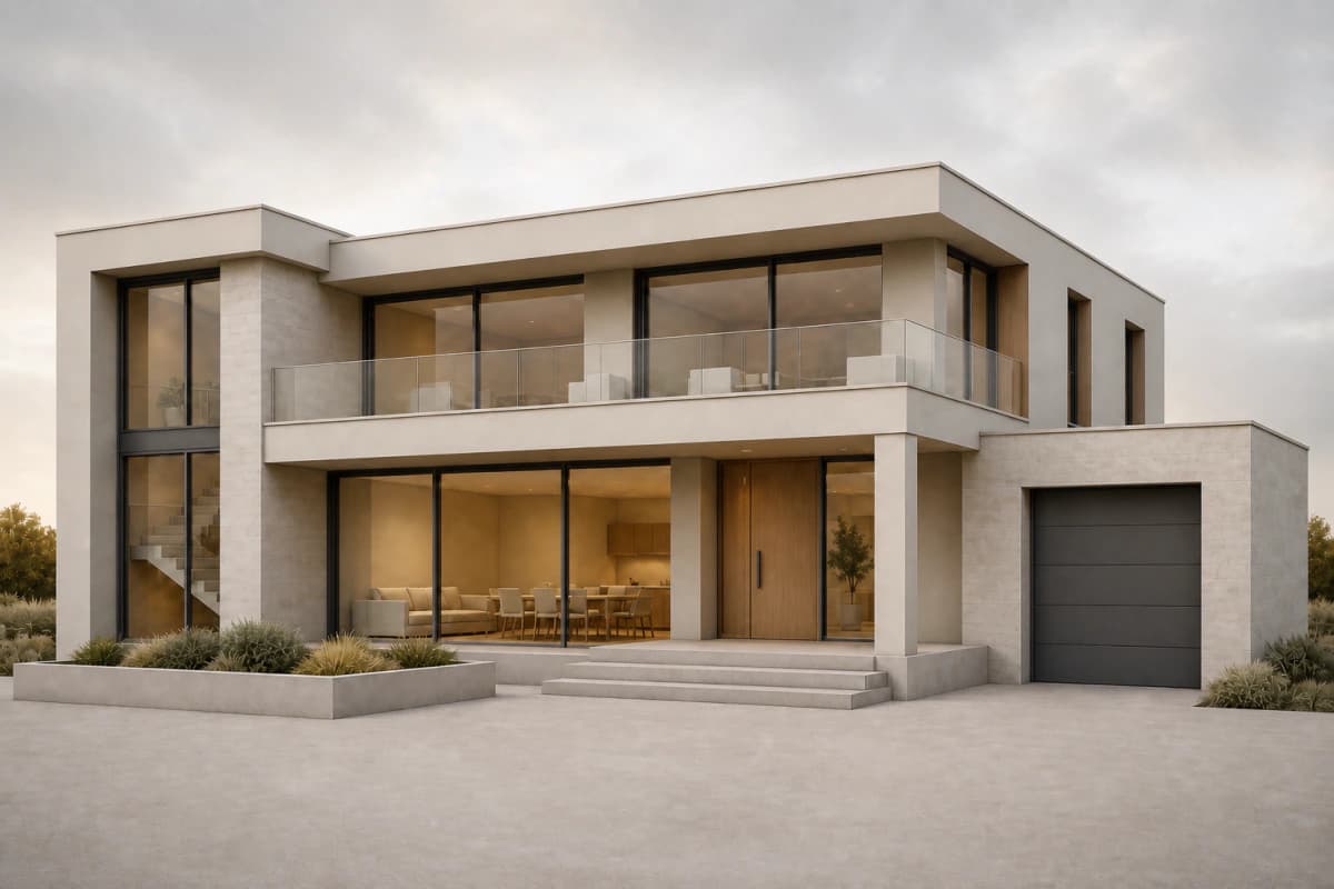 Finished render of the modern house with warm light and stone finishes