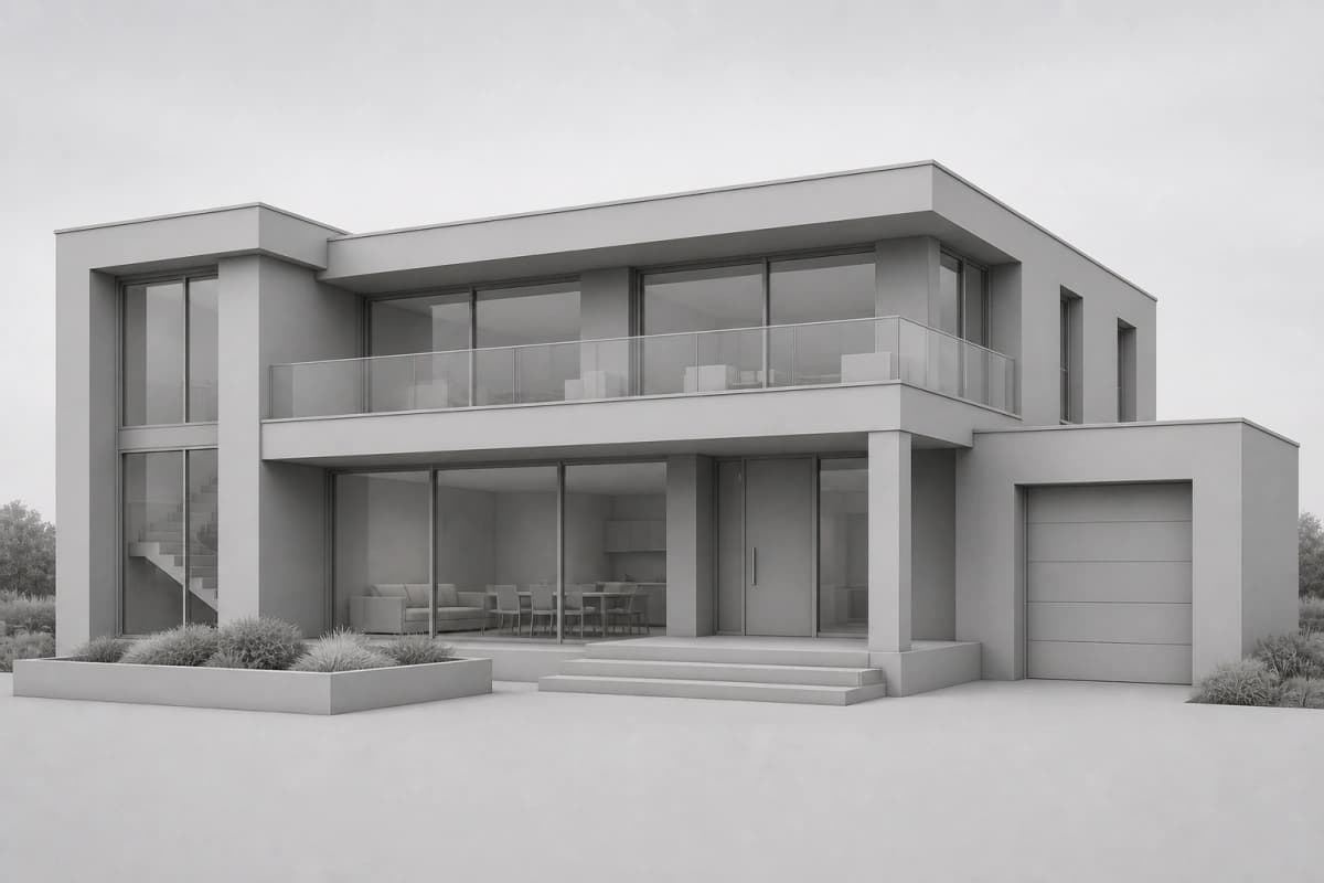 Gray model view of a two-story modern house before rendering
