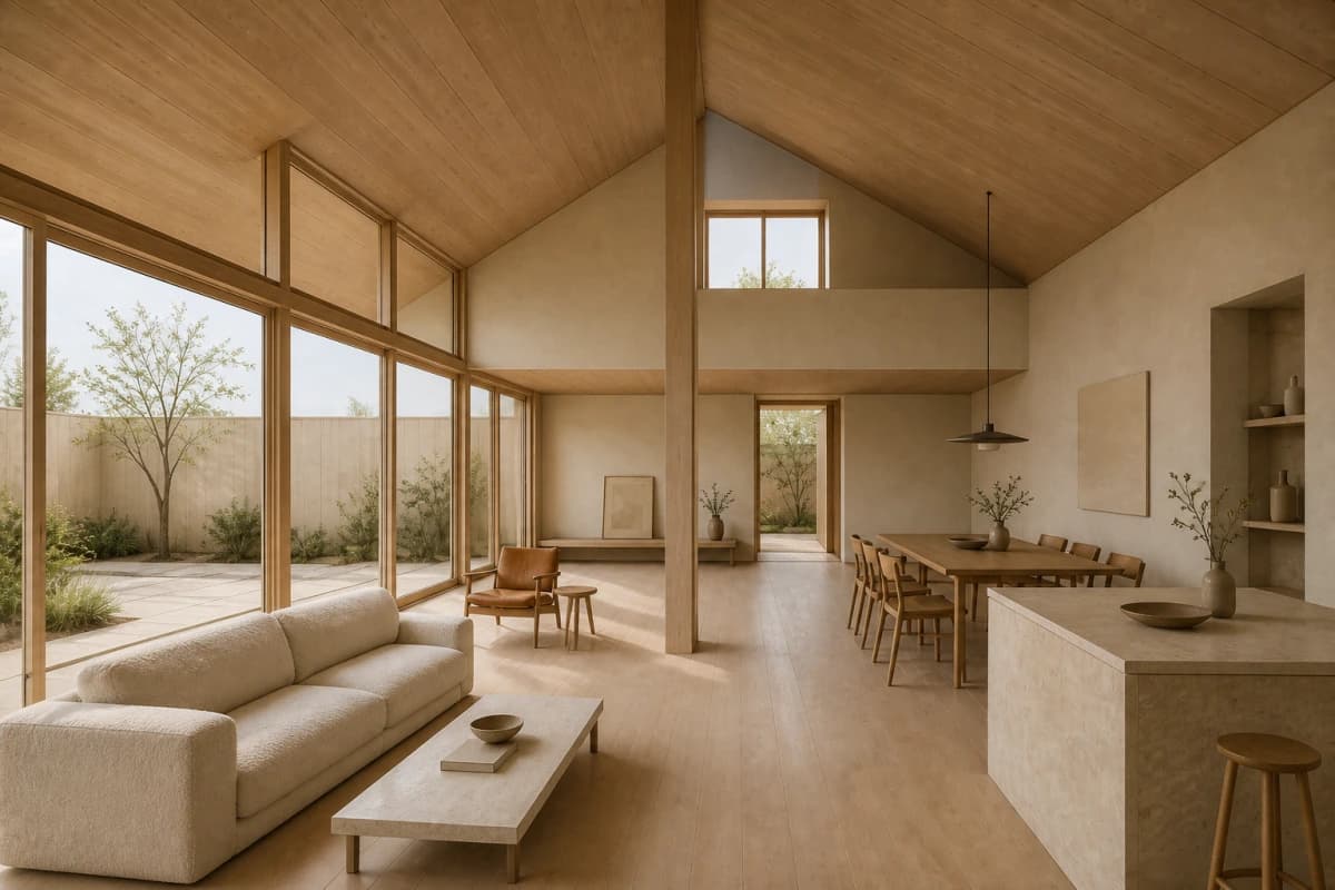 Photorealistic Nordic interior developed from the same sketch with courtyard planting