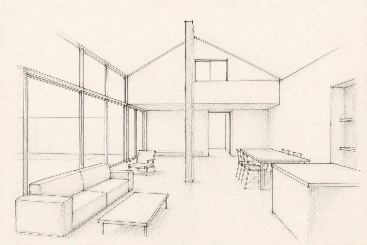 Loose hand-drawn concept sketch of a Nordic interior with roughly blocked furniture