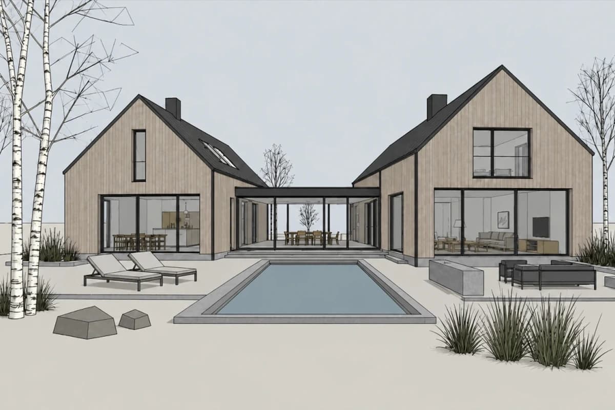 Clean SketchUp courtyard view with twin gabled timber houses and a pool