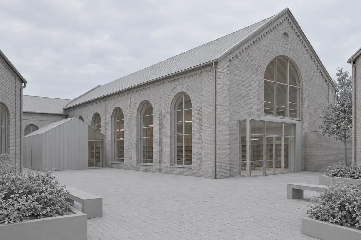 Synthetic clay model of a retained brick workshop before an adaptive reuse rendering study