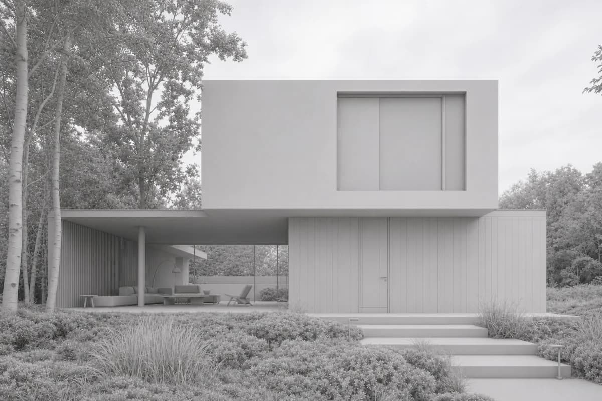 Bare 3D massing of a house with flat grey materials