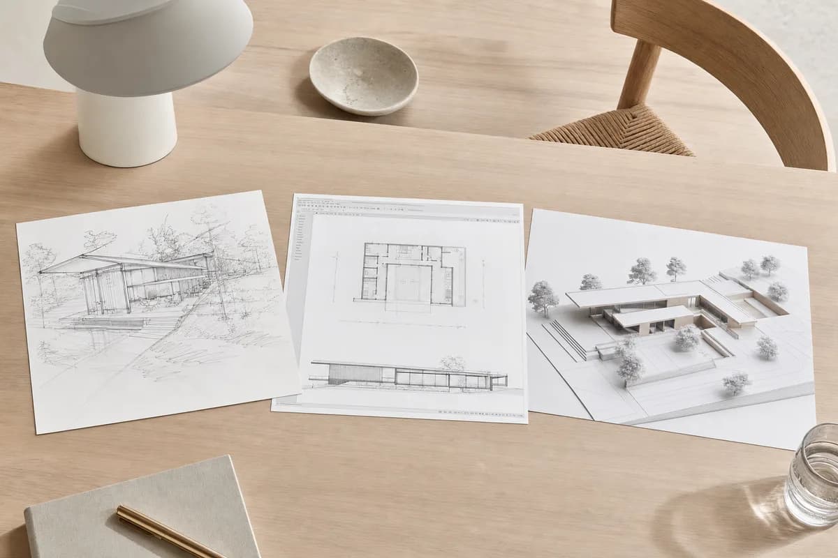 A sketch, a CAD screenshot, and a 3D model view as rendering inputs