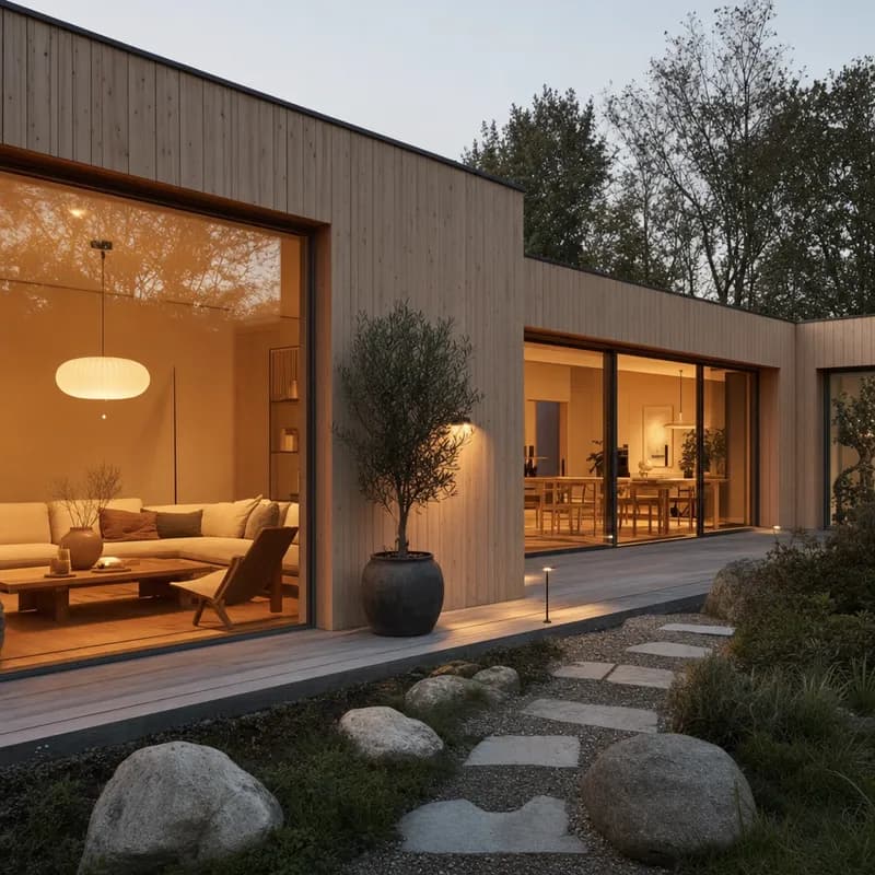 Scandinavian exterior render at dusk