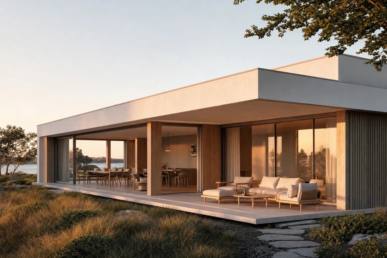 Photorealistic Scandinavian house at golden hour, rendered with AI
