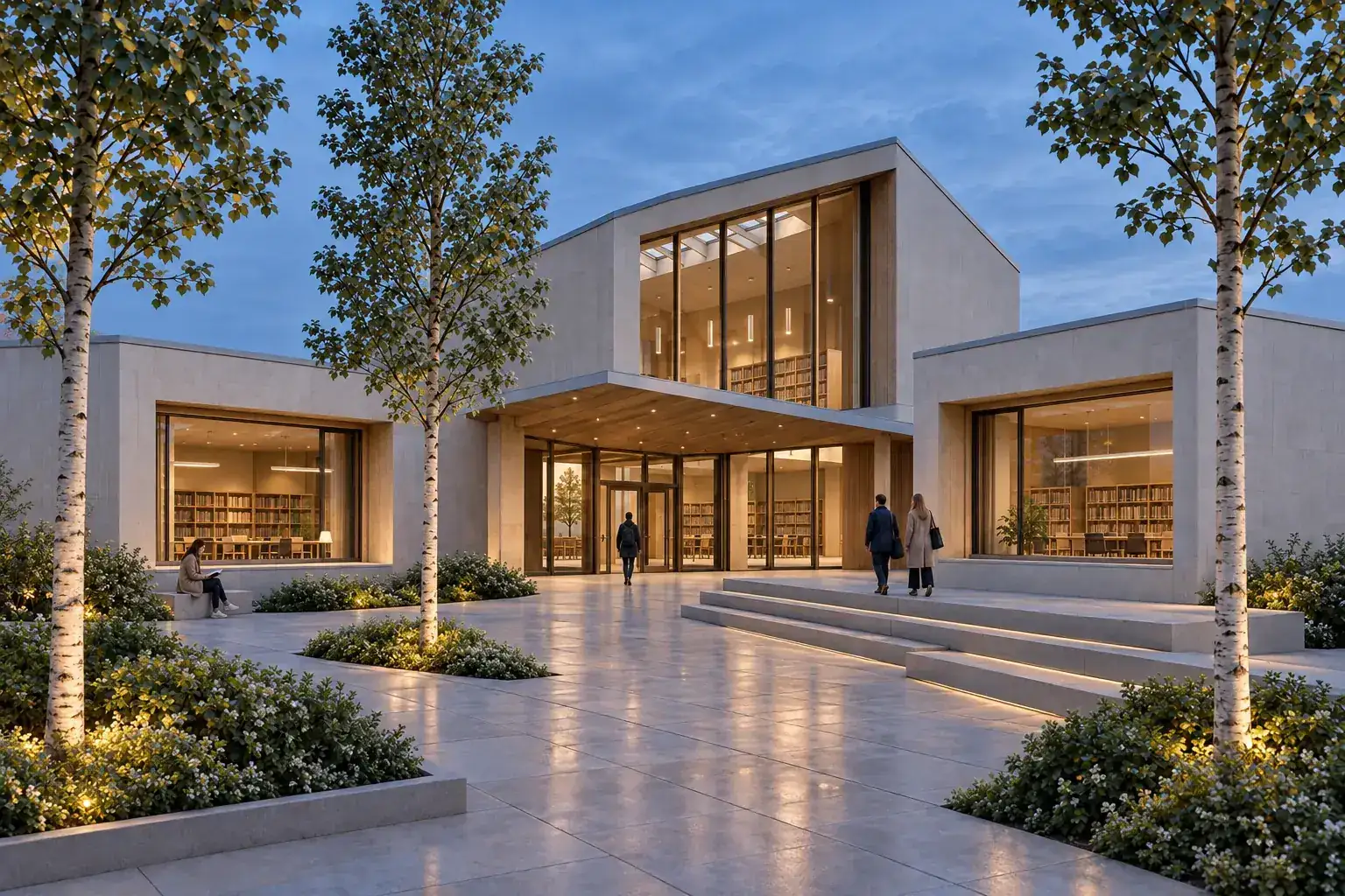 Blue-hour final-review render of a Nordic library studio project