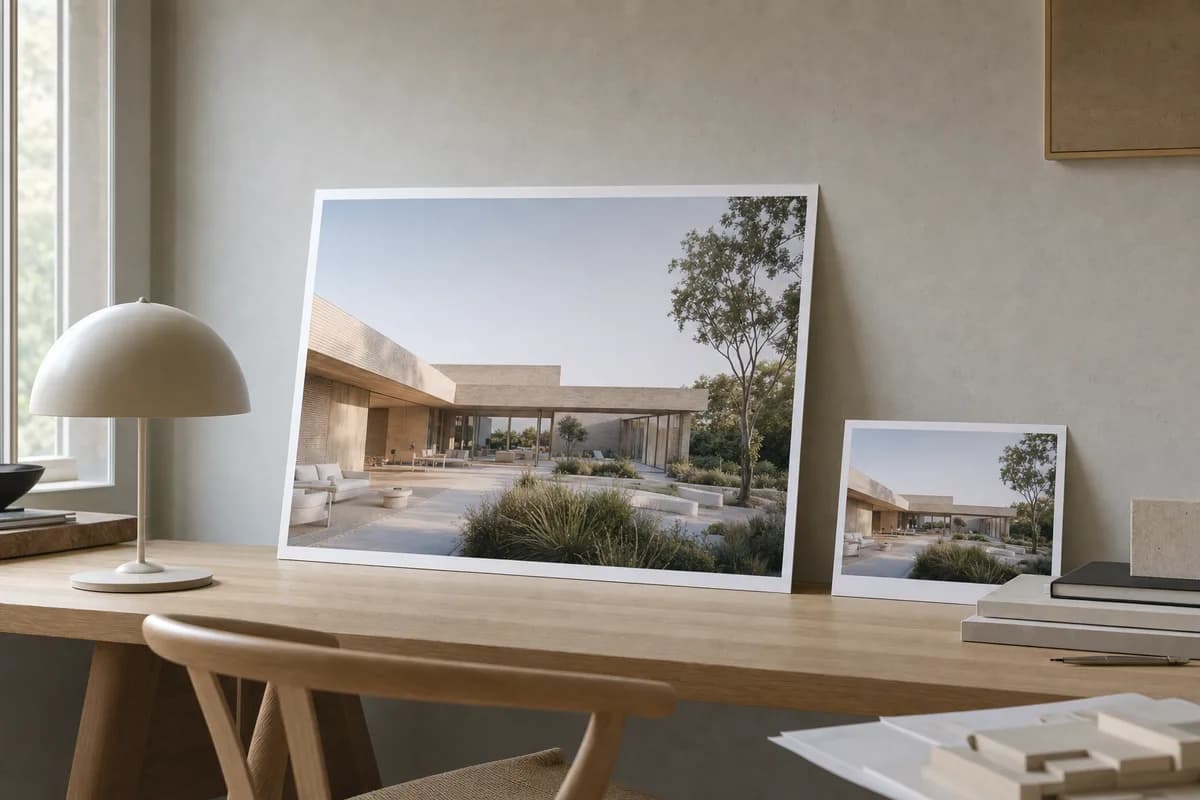A large architectural render print beside a smaller preview