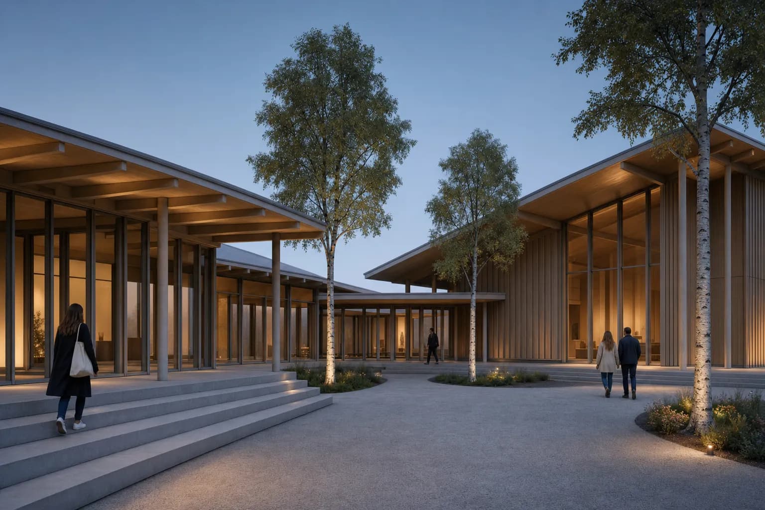 Nordic arts center shown as a resolved architectural presentation image