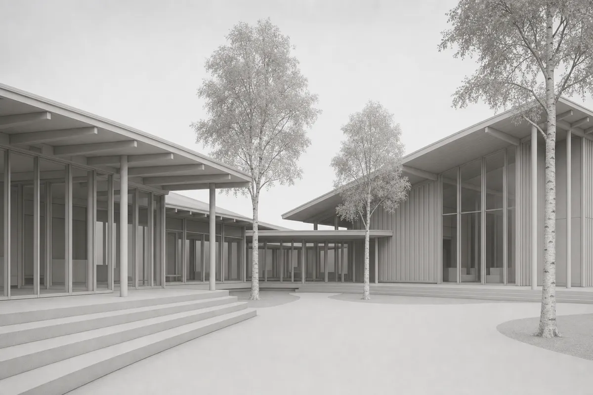Clean clay model view of a Nordic arts center before an AI concept study