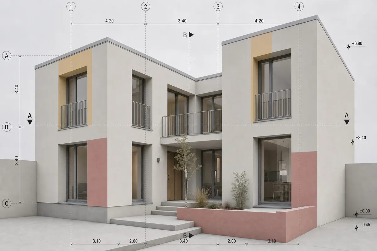 Synthetic BIM view with renovation colors, dimensions, grids, and markers left visible