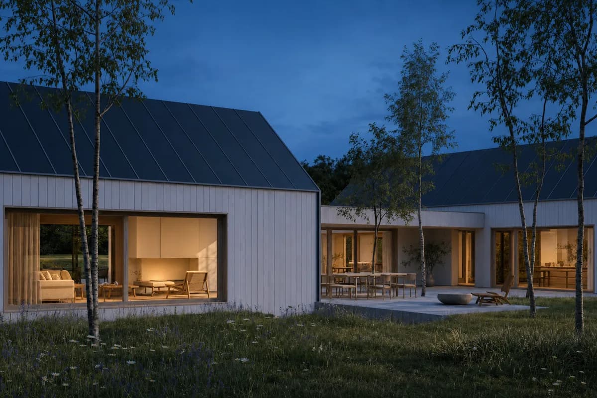 The same Nordic courtyard house rendered at dusk