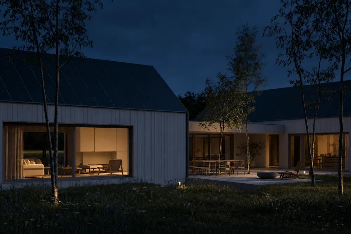 The same Nordic courtyard house rendered at night