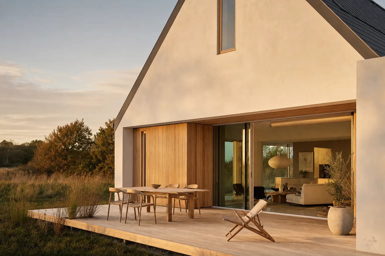 A house rendered in a warm, photoreal architectural style