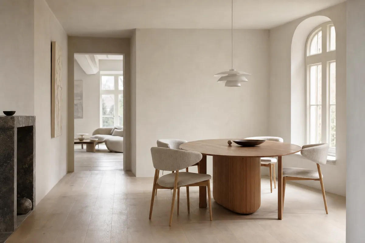 A different room rendered with the reference image's light, palette, and finish