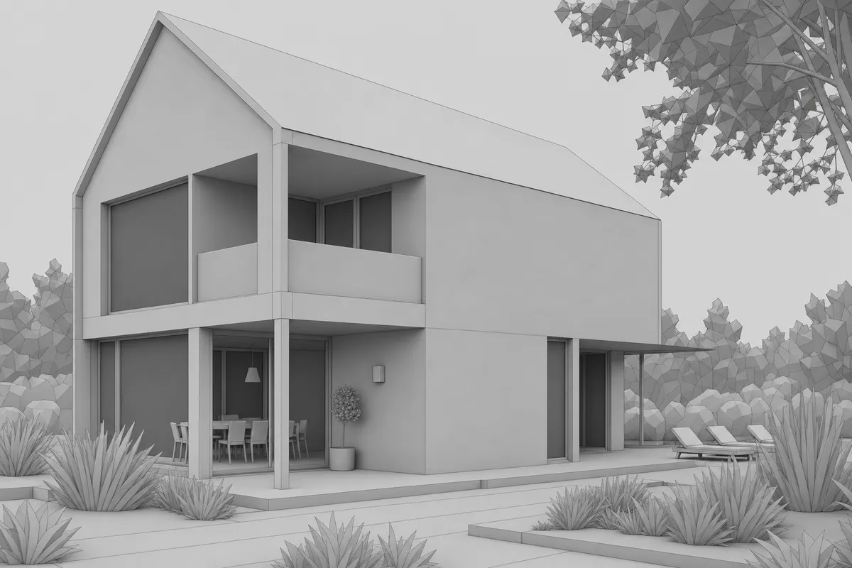A clean CAD viewport of a Nordic house before rendering