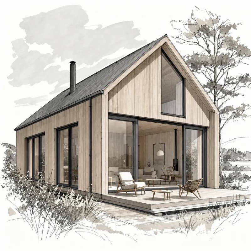 Nordic house rendered with marker blocks and ink linework