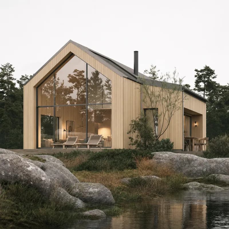 Nordic house shown as a photoreal ray-traced render