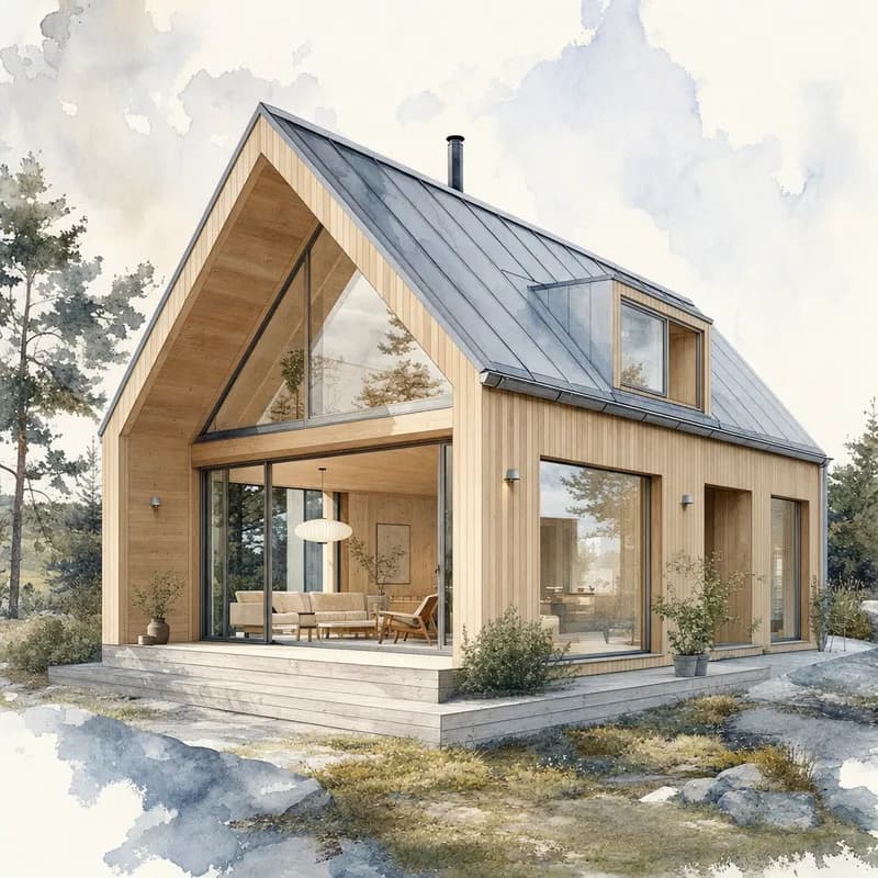 Nordic house rendered with transparent watercolor washes