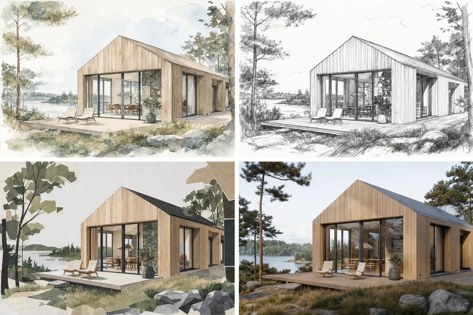 The same Nordic house shown with four architectural rendering techniques