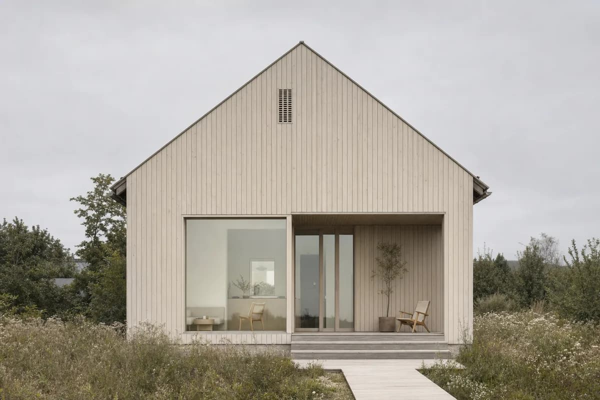 Rendered elevation of a Nordic timber house with restrained material and shadow