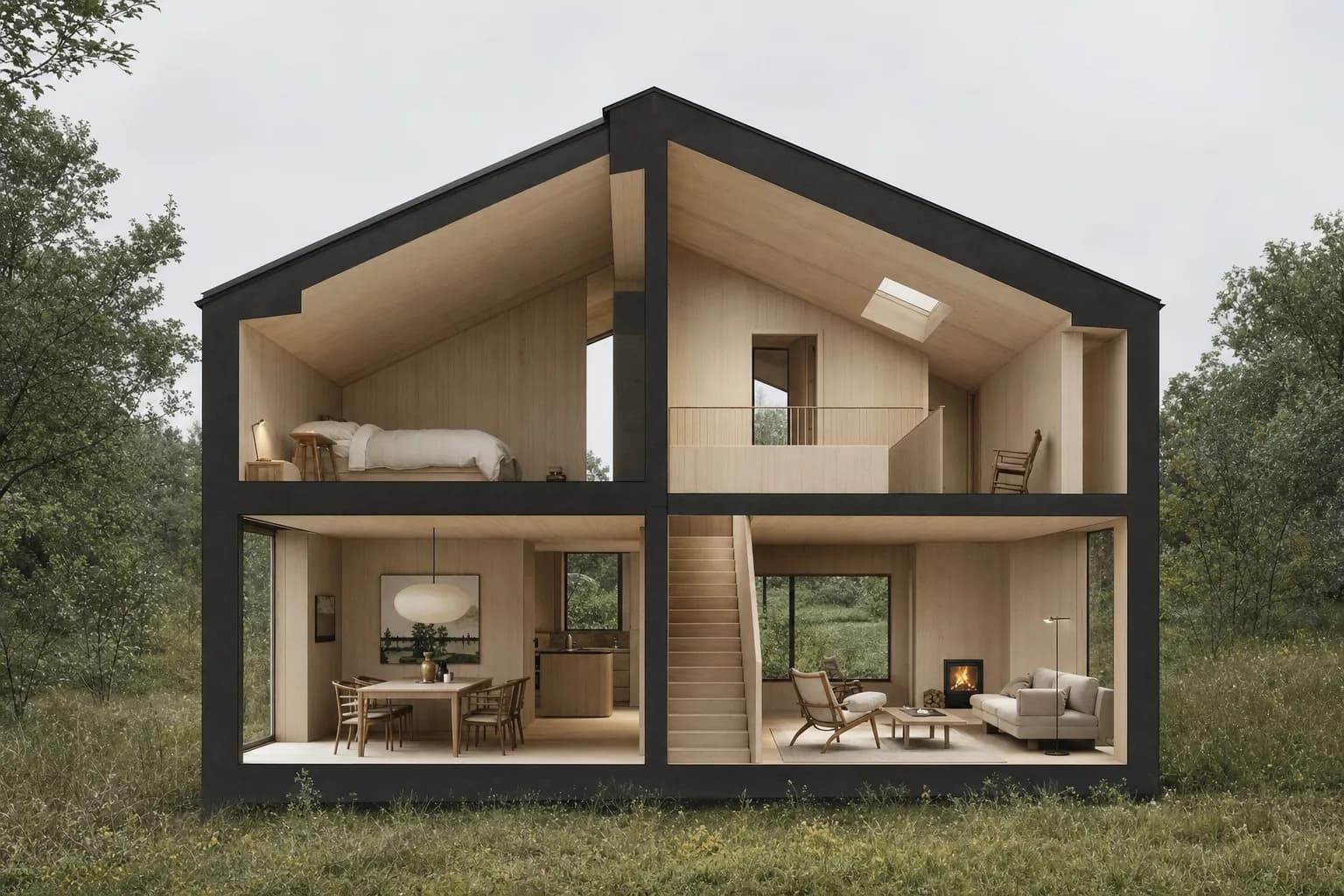 Rendered section-perspective through a two-storey Nordic timber house
