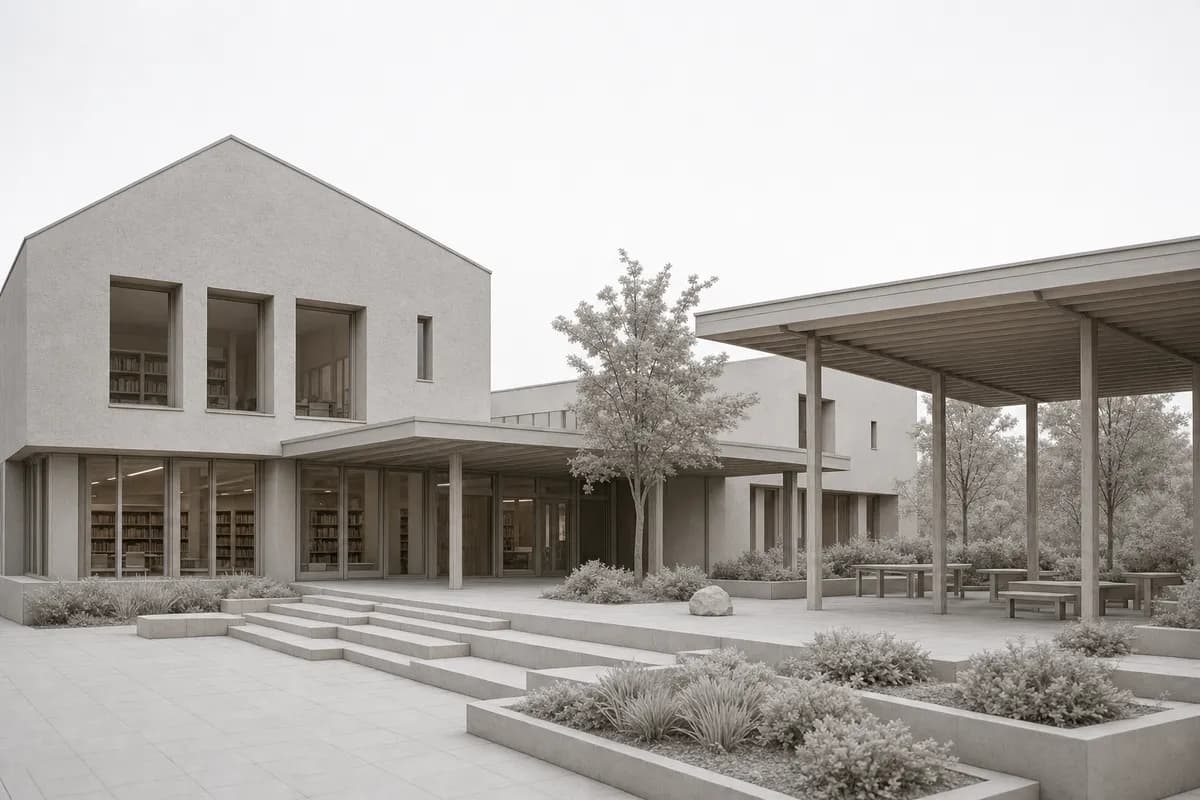 Synthetic clay model view of a Nordic civic library used as the fixed competition study source