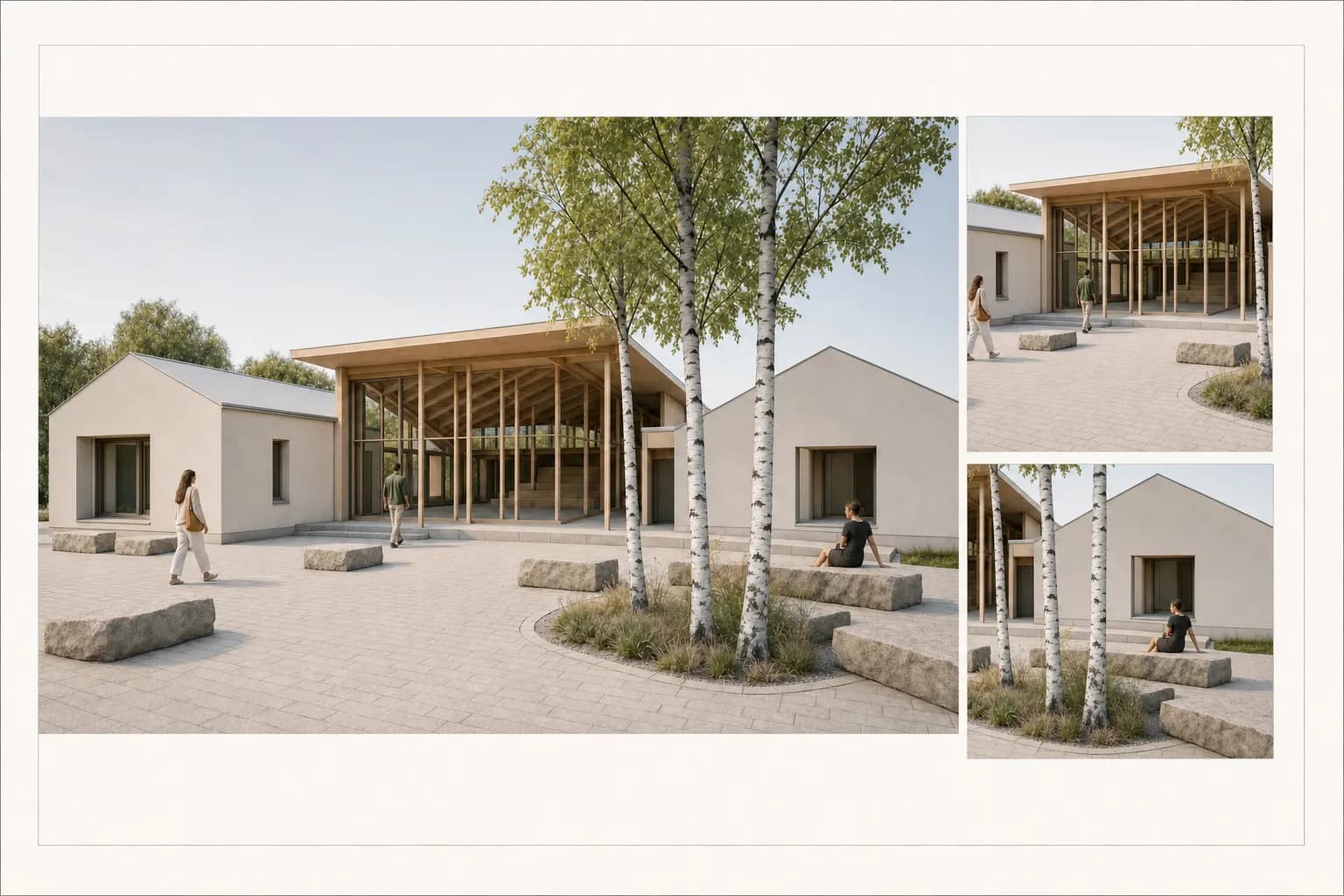 Architecture presentation board with one large pavilion render and two supporting crops