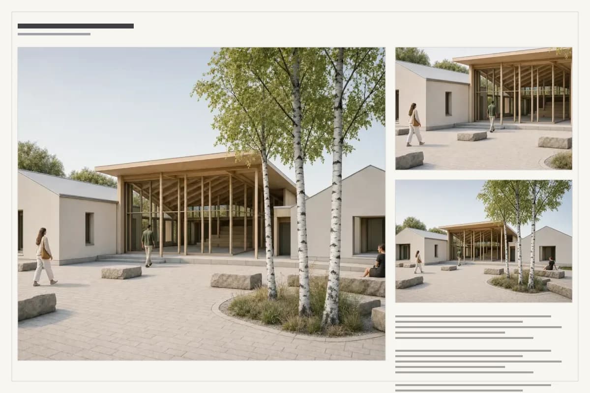 Resolved presentation board with one lead pavilion render and aligned supporting evidence