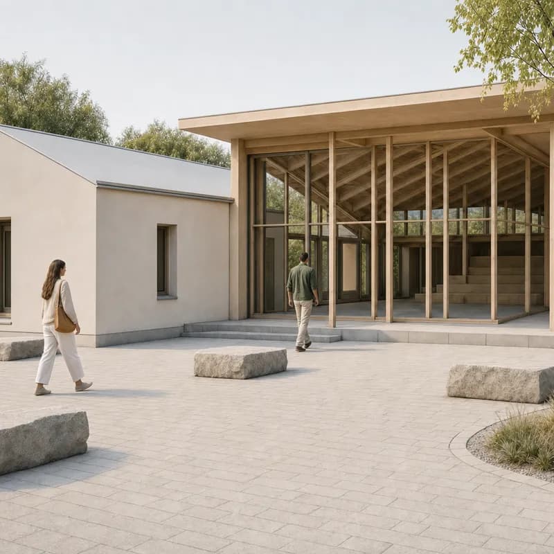 Square supporting crop of the pavilion entrance and material junction