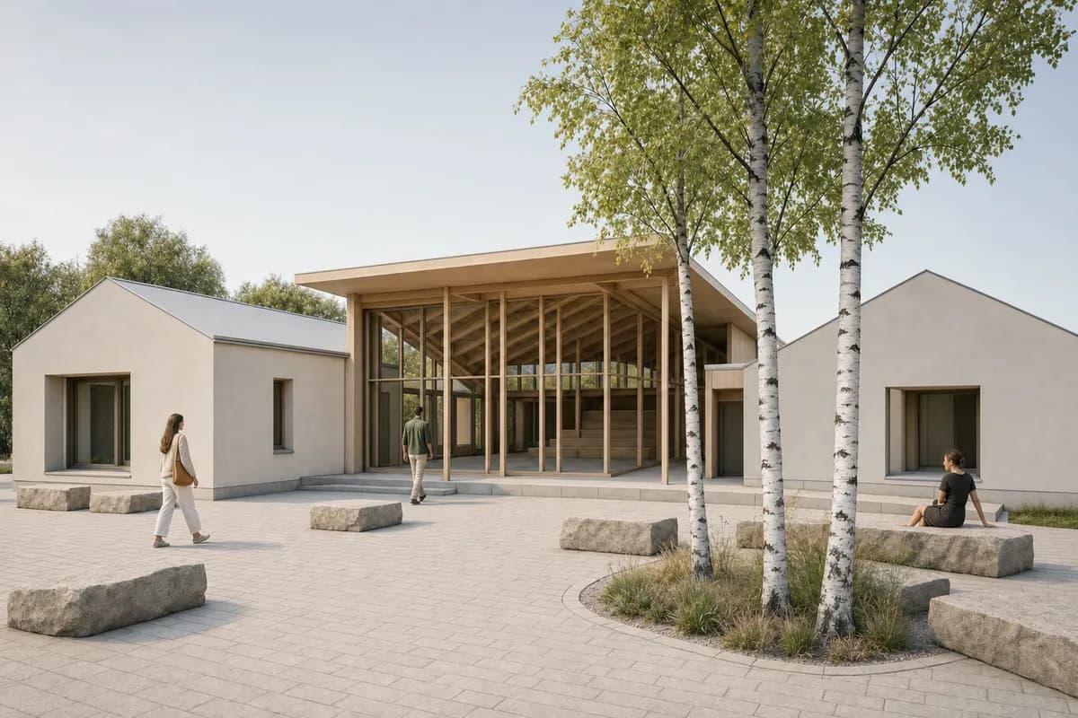 Daylight lead render derived from the same synthetic pavilion view