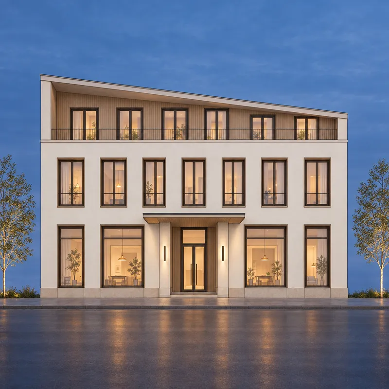Dusk facade study derived from the same building elevation