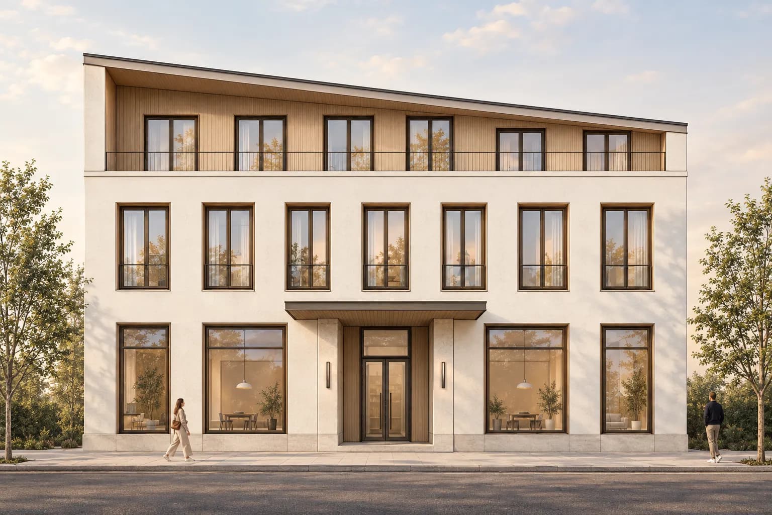 Rendered facade elevation derived from a synthetic AutoCAD-style line drawing