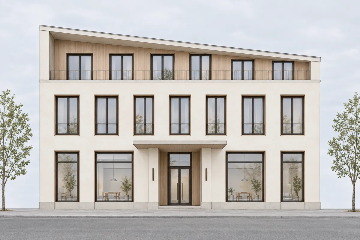 Daylight facade study derived from the same synthetic AutoCAD-style elevation