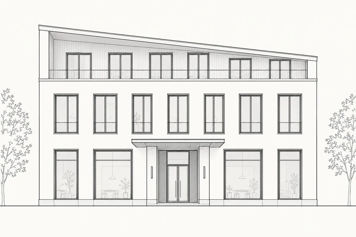 Synthetic clean AutoCAD-style building elevation prepared for an image study