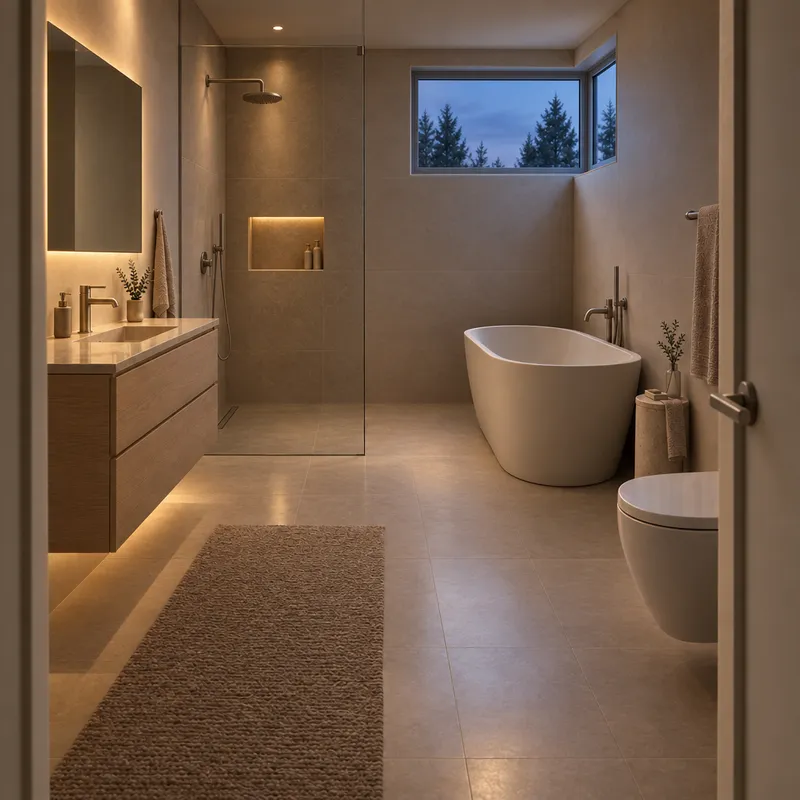 The same bathroom at early evening with restrained concealed lighting