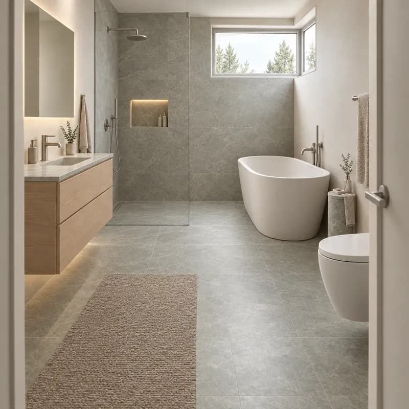 The same bathroom with grey-green stone in the wet zone