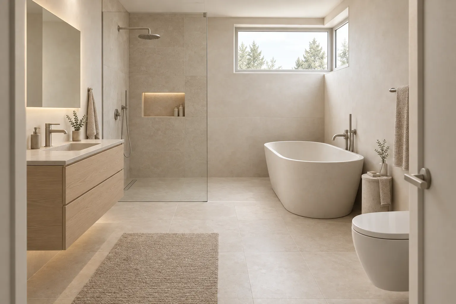 Finished limestone and oak bathroom render derived from the same synthetic model view