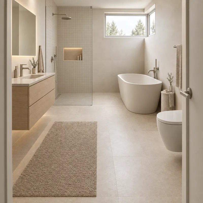 The same bathroom with small off-white tiles in the shower