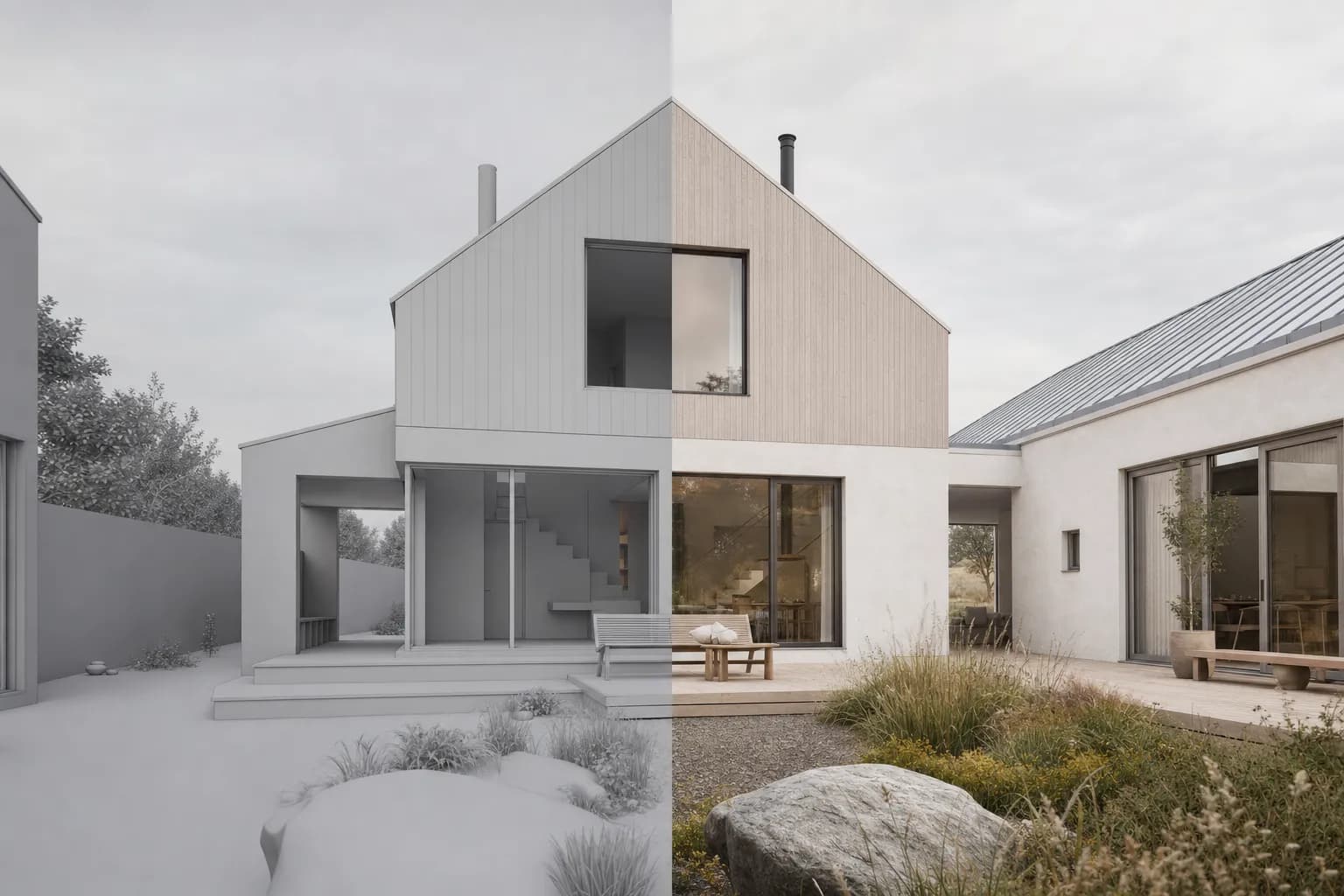 Matched clay model and finished render of the same Nordic courtyard house