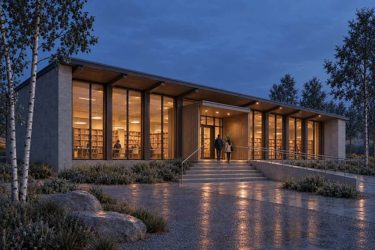 Blue-hour library pavilion render derived from a synthetic 3ds Max-style camera view